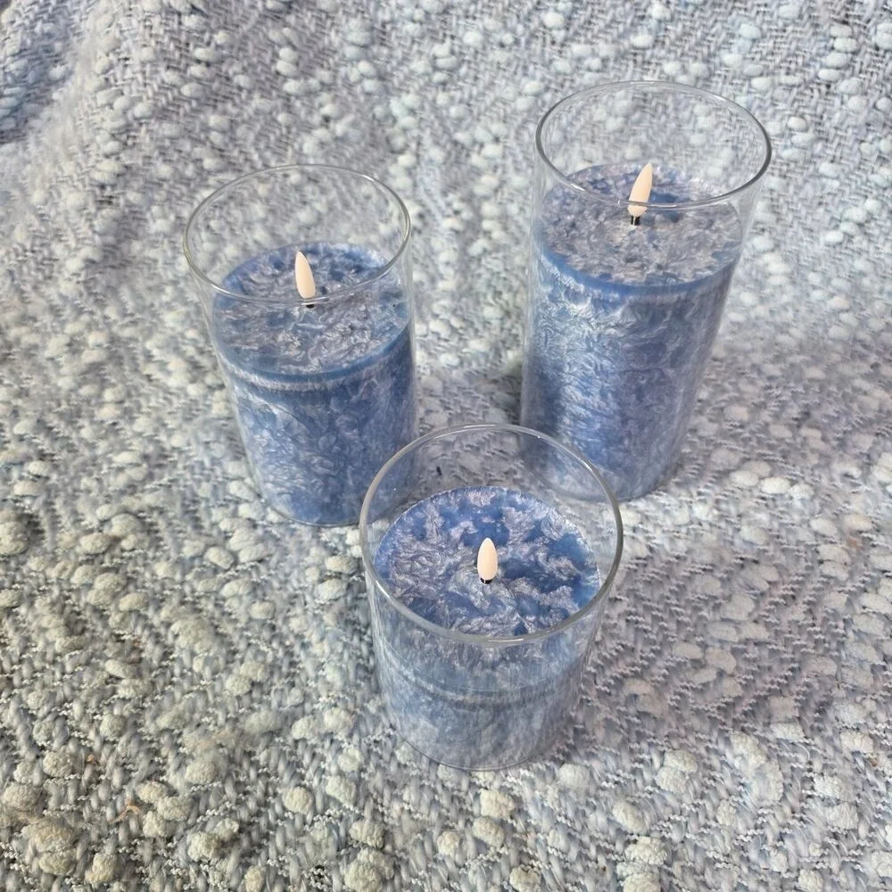 Living Embossed Blue Christmas Holiday 3-Piece LED Candle‎ Set E2